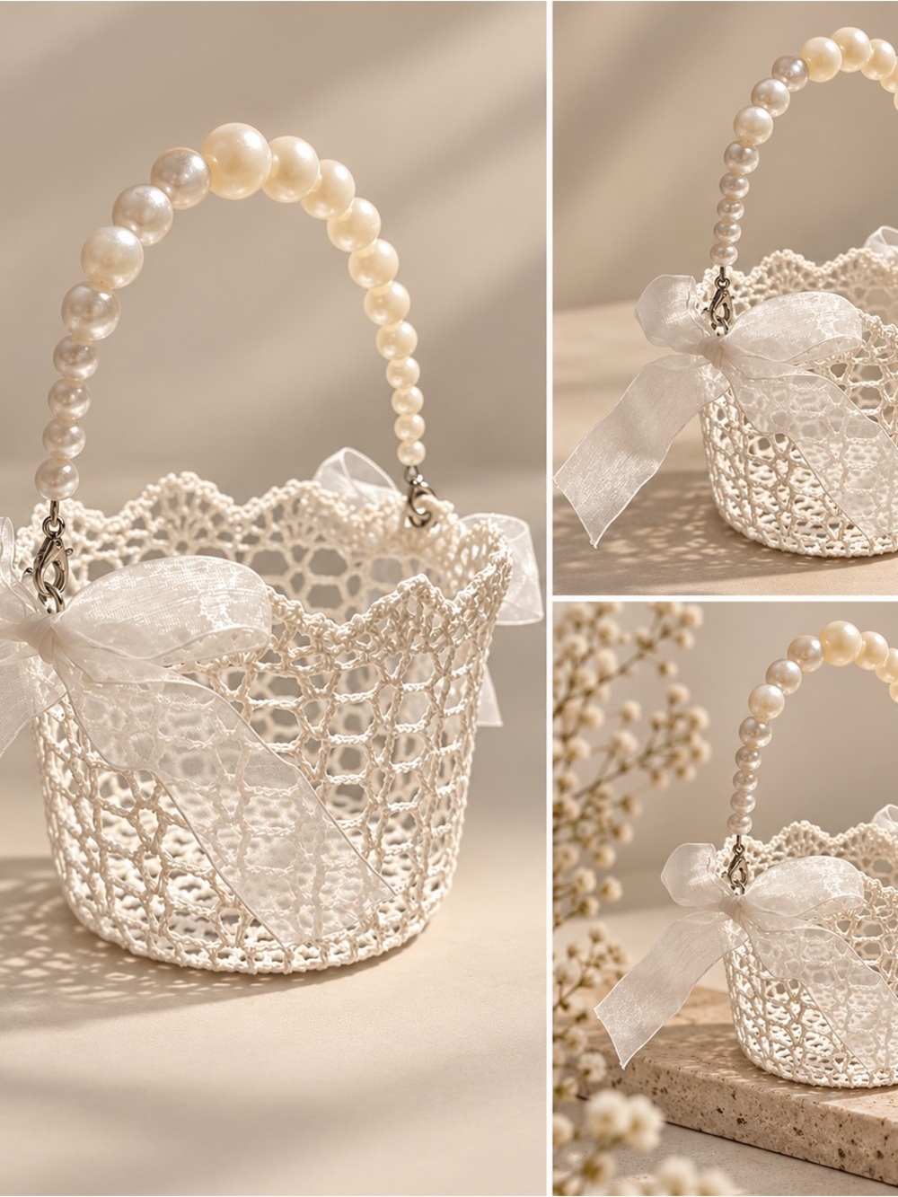 White Lace Pearl-Handle Women’s Handbag